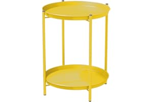 Grand patio Mesa Auxiliar Redonda de 2 Niveles, Mesa de Centro pequeña de Metal, Mesa Auxiliar Resistente a la Intemperie para Exteriores, Sala de Estar (Amarillo)