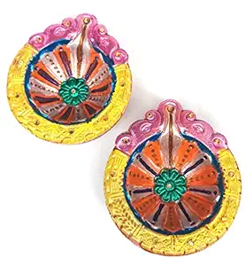 Traditional and Multicolored Handmade Earthen Decorative Clay Diya/Deepam/Kundhulu/Mitti Diya for Navaratri/Dussera,Diwali Celebration and for All Celebration Purpose (2, Decorated Clay)