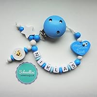 Schnullerkette mit Namen Herz Kleines Wunder der Welt Gravur Geschenk Taufe Geburt Silikonring (Adapter) individuell Stern | Junge blau Namenskette