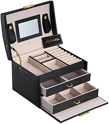 My Treasure Box Elegant Jewellery Box Three-Layer Leather Storage Organizer With Mirror Drawer And Lock For Ladies