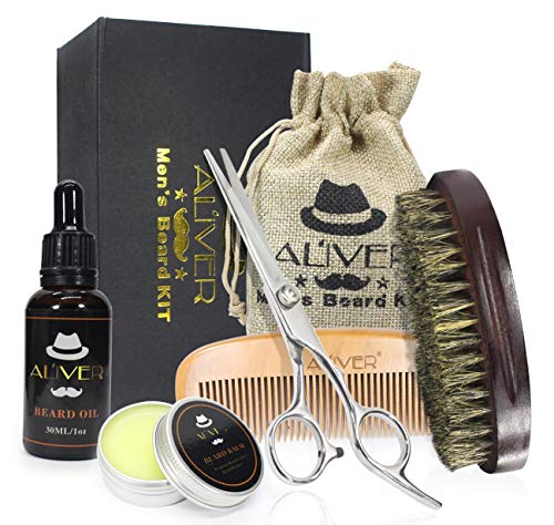 Kit para el cuidado de la barba, bálsamo para barba natural, aceite para barba, brocha para barba de madera, peine para barba - bigote y barba Tijeras para peinar y moldear