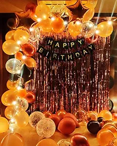 Party Propz Rose Gold Birthday Decorations Items with Led Lights-69Pcs/Happy Bday Confetti Balloons,Black Banner, Foil Curtain Star Foil Ballons for Celebration/Balloon Item Kit Combo