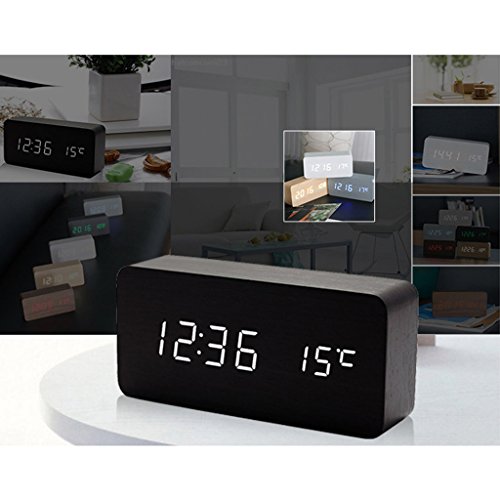 Holz Digital LED Wecker Uhr Soundsteuerung Temperatur Anzeige – Braun Rot, 30mm - 3