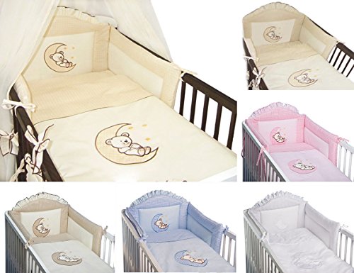 6 Piece Embroidered Baby Bedding Sets to fit Cot & Cotbed - (Cot Bed 140 x 70cm, Moon Cream)