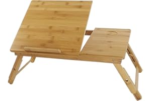 KKTONER Bamboo Laptop Tray With Height Adjustable Foldable Legs - Portable Lap Desk for Breakfast, Snack Serving, Bed, Drawing (FLAT)