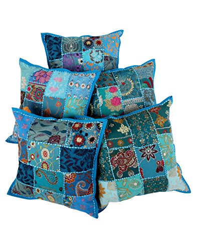 Trendy Set von 5 Floral Türkis 16X16 Patch Work Cotton Kissenbezug von Rajrang