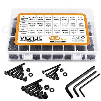 VIGRUE Kit 1080PCS M2 M3 M4 en Acier au Carbone Bouton à tête hexagonale Socket Tête Câble Boulons Vis avec écrous Assortiment (Noir)