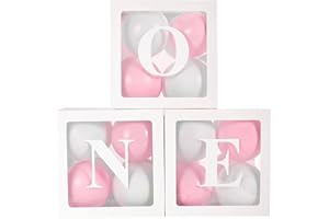 QIFU Palloncini Compleanno 1 Anno Bimba, Con 24 Palloncini Rosa Bianco, 3 pezzi Scatole Trasparenti Con Lettere ONE, Primo Compleanno Bambina, Palloncini Battesimo Bimba