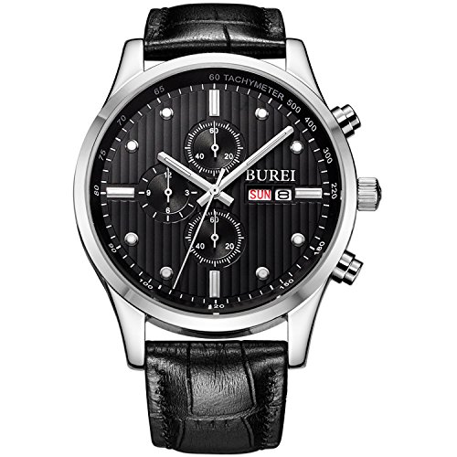 BUREI Herren Armbanduhr Chronograph Tages und Datumsanzeige Edelstahl Stoppuhr mit schwarzem Lederband BUREI Herren Armbanduhr Chronograph Tages und Datumsanzeige Edelstahl Stoppuhr mit schwarzem Lederband