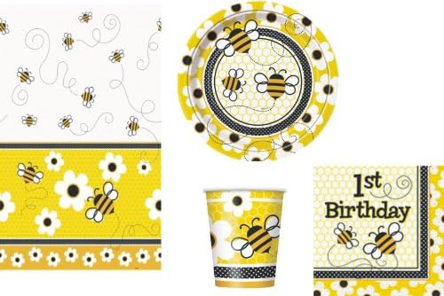 1ST BIRTHDAY PARTY TABLEWARE PACK NEUTRAL FOR BOY OR GIRL BUSY BEES DESIGN NAPKINS PLATES CUPS TABLECOVER