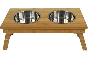 Bramley Power Elevated Adjustable Height Raised Bamboo Dog Pet Feeding Station Stand (Small)