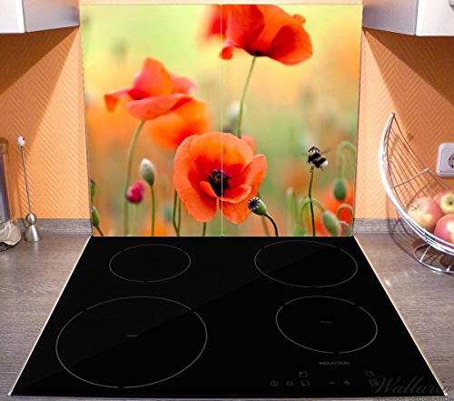 Wallario Herdabdeckplatte / Spritzschutz aus Glas, 2-teilig, 60x52cm, für Ceran- und Induktionsherde, Mohnblumenblüten - 3