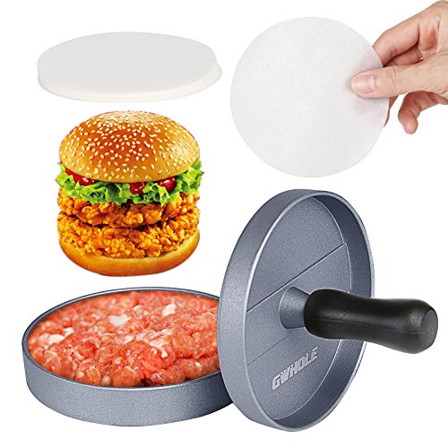 GWHOLE Hamburgerpresse + 100 Blatt Antihaftpapier patty maker aus Aluguss mit Antihaftbeschichtung, 11 cm