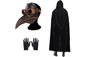 SKYSTUFF Máscara de médico de la peste, disfraz de Halloween, máscara steampunk, máscara de cosplay de pico de pájaro, máscara ajustable con un par de guantes, capa negra con capucha para fiesta de Halloween