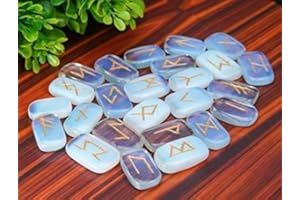 Crocon Rune di Pietra preziosa di Forma Rettangolare di opalite con Alfabeto Futhark Elder inciso 25 Pezzi Set di Rune di Cristallo Metafisico di guarigione Chakra Rune Reiki Set Dimensioni: 20-25 mm