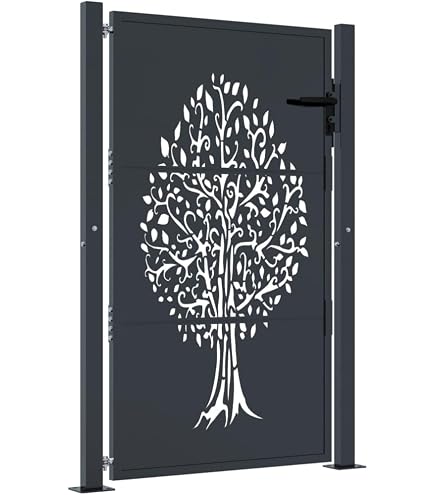 Portail De Jardin Noir 105x155 Cm En Acier - Design Flamme Découpé Laser, Verrouillable, Facile à Monter
