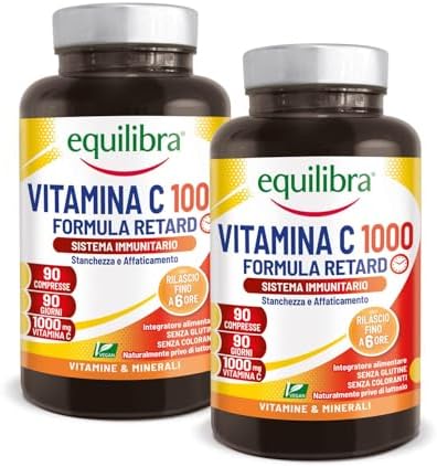 Equilibra Integratori Alimentari, Vitamina C 1000 mg, Integratore Altodosato per Normale Funzione del Sistema Immunitario, Rilascio Graduale Fino a 6 Ore, Vegan, Gluten Free, 2 Pezzi da 90 Compresse
