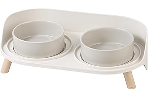 AHX Cat Food Water Bowl Set - Raised Cat Bowls with Non Slip Stand - Elevated Puppy Bowls for Small Dogs - Double Ceramic Cat Feeding Bowls - Tall Cat Dishes - 2 x 480 ML - 16.2 OZ, Grey