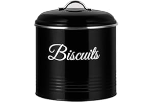 Innoteck Essentials - Lata redonda para galletas, color negro, almacenamiento decorativo de alimentos para cocina, tapas y asas herméticas fáciles de abrir, lata de almacenamiento para tus galletas