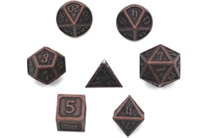 DollaTek 7 szt. DND zestaw wielościennych kości D&D z litego metalu z torbą do przechowywania i stopu cynku z emalią do odgrywania ról lochów i smoków (antyczna powłoka rolkowa miedziana czerwona)