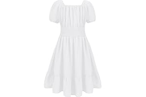 Arshiner Robe Fille Robe de Soirée élégante à Manches Courtes Robes d'été Enfants Plaine Une Ligne Robe Décontractée Volants Robe de Princesse Nouer au Dos 4-13 Ans