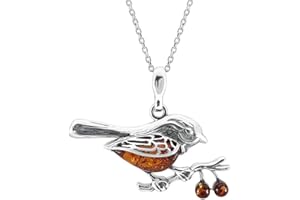 Kiara Jewellery Naszyjnik z wisiorkiem w kolorze czerwonego rudzika ze srebra wysokiej próby 925 na wstawce z brązowym bursztynem bałtyckim na łańcuszku ze srebra wysokiej próby 45 cm., Srebro