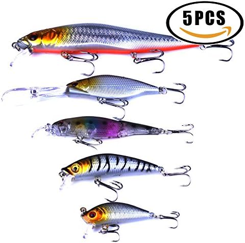 Veapup 5 PCS in Different Size Artificial Minnow Fishing Lure Hard Plastic Bait Biomimetic bait Fishing Tackle Accessory With Two or Three Triangle Hooks(Set)