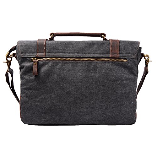 S-ZONE 14 Inch Vintage Aktentasche Arbeittasche Messenger Bag Umh  ngetasche Schultertasche Laptoptasche aus Canvas Leder  Dunkel Grau 