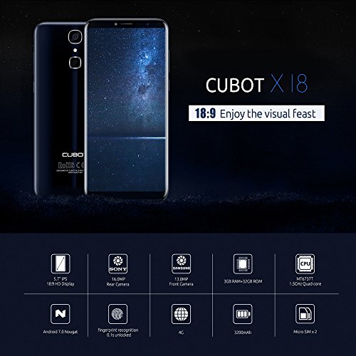 Cubot X18 Smartphone 4G FDD-LTE Android 7.0 5.7 Pollici MTK6737T 1.5GHz Quad Core 3GB RAM+32GB ROM Cameras 13MP+16MP Batteria 3200mAh Impronta Digitale Luce di Notifica