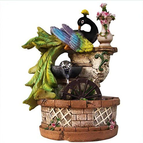 SINTECHNO SNF13201-1 Artistic Sculptural Elegant Peacock Resting on Ivy Column with Tabletop Water Wheel Fountain