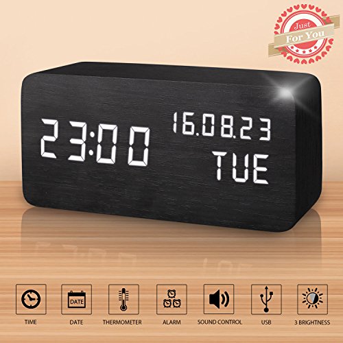 Reloj Digital Despertador Madera de Haya con Control de Sonido y LED Brillo de la Pantalla (Negro)