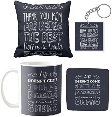 Yaya Cafe Mothers Day Gifts for Mom, Thank You Worlds Best Mother Combo Set of 4 - Mug, Coaster, Cushion Cover and Keychain