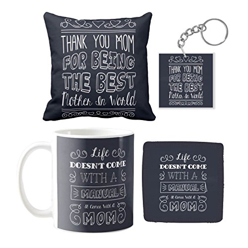 Yaya Cafe Mothers Day Gifts for Mom, Thank You Worlds Best Mother Combo Set of 4 - Mug, Coaster, Cushion Cover and Keychain