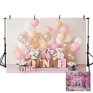 MEHOFOTO 7x5ft Pink Gold Balloon First Birthday Party Backdrops for Baby Girl Sweet One Floral Photography Background Portrait Photo Studio Decoration Photo Banner Props Table Dessert Supplies