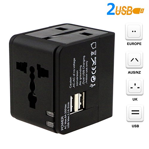 Preisvergleich Produktbild WisFox Universal Reiseadapter kompakt Reisestecker Adapter, WisFox International Steckdosenadapter Mit Dual USB Port Netzadapterstecker mit EU / UK / US / AU Stecker LED-Betriebsanzeige, Schwarz