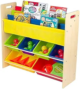 Homesmiths Toy Organizer with Book Rack, Glossy Finish, Brown