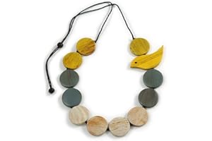 Avalaya Yellow/Grey/Antique White Wooden Coin Bead and Bird Black Cotton Cord Long Necklace/ 96cm Max Length/Adjustable