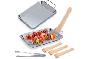VOSSOT Set Barbecue 7 Pezzi in Acciaio Inox – 2 Vassoi da Griglia + 4 Raschietti in Legno + 1 Pinza – Vassoio Riutilizzabile per Verdure Carne Pesce BBQ