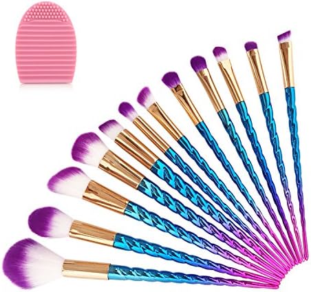 Makeup Brush Set, LURICO 12pcs Unicorn Design Handle Shape Makeup Brushes Tools Eyeshadow Blusher Blending Cosmetic Brushes with Silicone Brush Egg / Travel Pouch