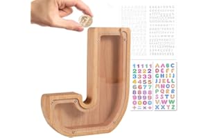 Wivico Wooden Letter Money Box|Reward Jar|Piggy Banks for Kids|Personalised Fillable Letters Clear Money Box|A-Z Letters Coin Bank for Christmas Birthday Gift/Keepsake|with Alphabet Stickers(J)