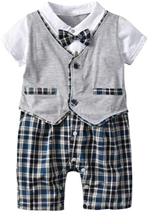 Cyond Rompers Suit for Girls, Newborn Kids Baby Boys Bodysuit Plaid Gentleman Bowkont Short Sleeve Romper Jumpsuit Casual Daily Mini Playsui (0-6 Months, Gray)