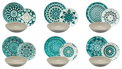 Excelsa Mandala Service Assiettes 18 Pièces, Porcelaine, Bleu/Gris