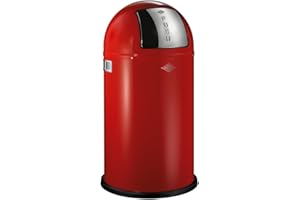 Wesco Pushboy Mülleimer in der Farbe rot, pulverbeschichtetes Stahlblech, 50 Liter Volumen, große Edelstahlklappe, herausnehmbarer Innenbehälter