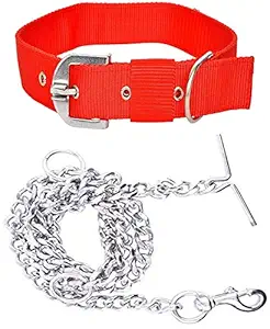 S.Blaze Dog Belt Combo of Red 1.5 inch Dog Collar with Dog Chain Adjustable Neck Size 48-64 inch Specially for Large Breed Dog Collar Chain