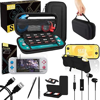Orzly Switch Lite Accessoire Pack pour Nintendo Switch Lite (2019) Pack Comprenant: Protecteurs d'écran en Verre Trempé, Câble Type C, Housse [Étui Rigide], Coque Comfort Grip Case et Plus. - Noir