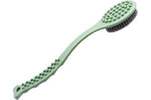 QiCheng&LYS Massage Brush Shower Back Scrubber,Shower Brush for Exfoliating Skin,Long Wooden Handle Cleans the Body Easily-14in (Green)