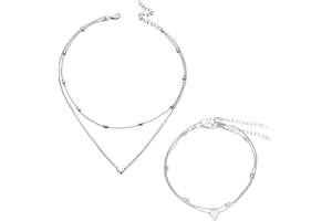 JTMKYO 1 Piece of Layered Heart-Shaped Pendant Necklace, 1 Piece of Anklet, Silver Necklace, Women's Necklace, Multi-layered Collarbone Necklace, Alloy Anklet
