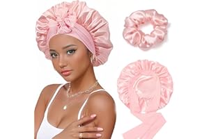 BLO2BIRO 100% Mulberry Silk Bonnet for Sleeping Band for Women Hair Care 22 Momme Double-Layered Silk Hair Bonnet for Sleeping Includes Scrunchie Breathable Sleep Cap for Voluminous Hair(Pink)