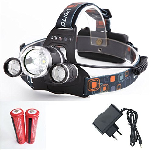 Qprods-Stirnlampe Scheinwerfer 5000 Lumens . Camping Hiking Licht + 2 x wiederaufladbare batteries + Ladegerät. XPE Technologie. Waterresistant. 100.000 Stunden. 1 Jahr garantie - 3