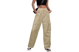 PASUDA Pantaloni Cargo Donna Y2K Pantaloni Larghi Dritti Vita Alta Casual Pantalone Elastico in Vita Pantaloni Donna Comodi Cotone con Tasche Laterali e Coulisse